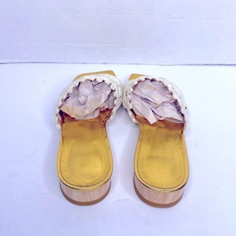 THINGS II COME Women's Tavita Slide Wood Heel Straw Flat Sandals Size 8